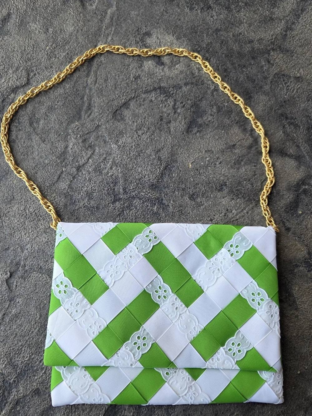 Green and White Vintage BABS' Hand Woven Ribbon Shoulder Clutch Gold Chain Strap